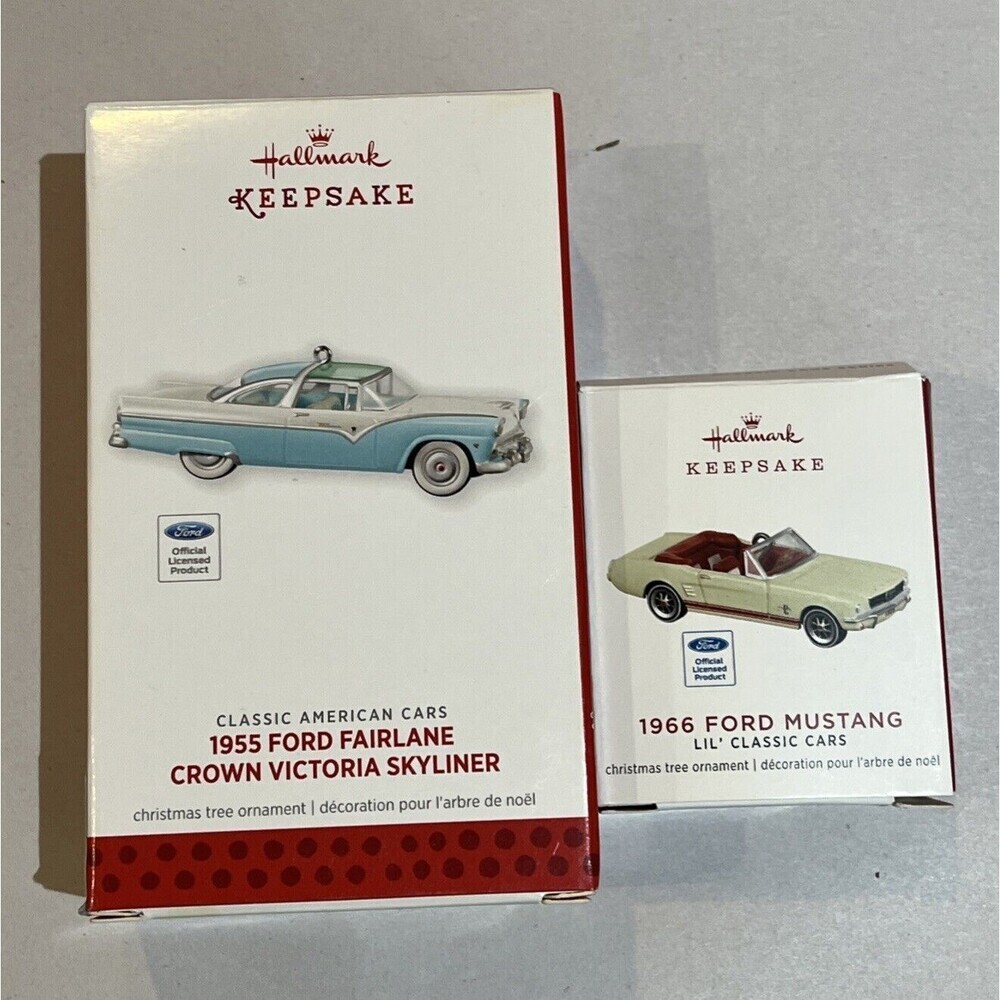Lot of 2 Hallmark Keepsake Ornaments 1955 Ford Fairlane & 1966 Ford Mustang